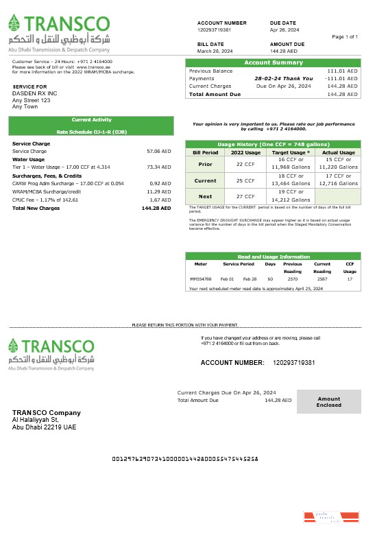United Arab Emirates Abu Dhabi Distribution electricity business utility bill template in Word and PDF formats